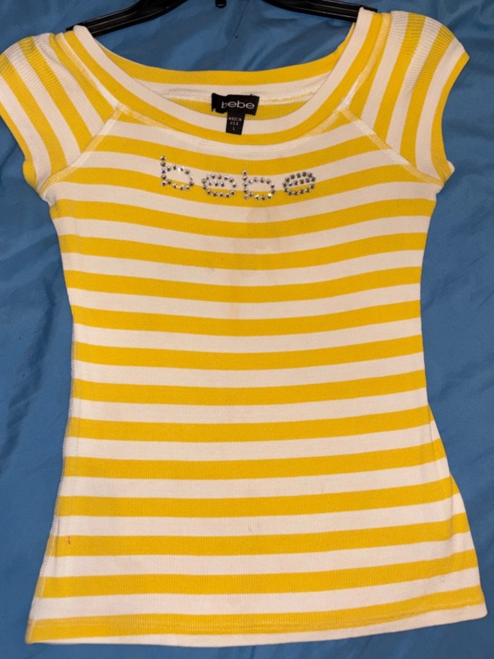 Y2K Rhinestone BEBE Logo 💛Yellow💛 and White Striped Shirt -as is